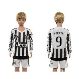 Juventus #9 Morata Home Long Sleeves Kid Soccer Club Jersey