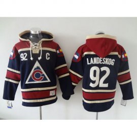 Colorado Avalanche #92 Gabriel Landeskog Navy Blue Sawyer Hooded Sweatshirt Stitched NHL Jersey