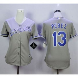 Kansas City Royals #13 Salvador Perez Grey Road Womens Stitched MLB Jersey