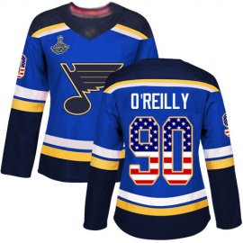 Adidas St. Louis Blues #90 Ryan OReilly Blue Home Authentic USA Flag Stanley Cup Champions Womens Stitched NHL Jersey