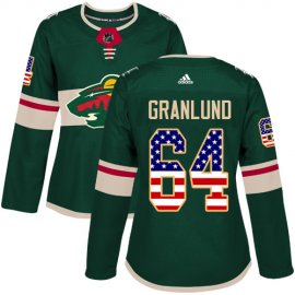 Adidas Minnesota Wild #64 Mikael Granlund Green Home Authentic USA Flag Womens Stitched NHL Jersey