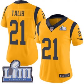 Nike Los Angeles Rams #21 Aqib Talib Gold Super Bowl LIII Bound Womens Stitched NFL Limited Rush Jersey