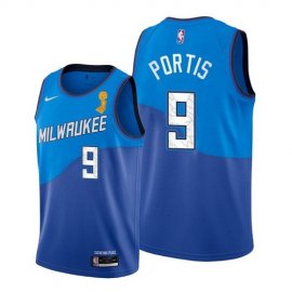 Nike Milwaukee Bucks #9 Bobby Portis 2021 NBA Finals Champions City Edition Jersey Blue Mens