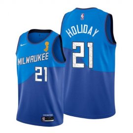 Nike Milwaukee Bucks #21 Jrue Holiday 2021 NBA Finals Champions City Edition Jersey Blue Mens