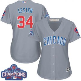 Chicago Cubs #34 Jon Lester Grey Road 2016 World Series Champions Womens Stitched MLB Jersey