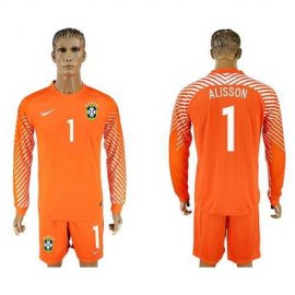 Brazil #1 Alisson Orange Goalkeeper Long Sleeves Soccer Country Jersey