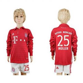 Bayern Munchen #25 Muller Home Long Sleeves Kid Soccer Club Jersey