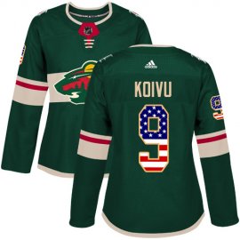 Adidas Minnesota Wild #9 Mikko Koivu Green Home Authentic USA Flag Womens Stitched NHL Jersey