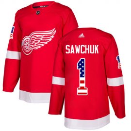 Adidas Detroit Red Wings #1 Terry Sawchuk Red Home Authentic USA Flag Stitched NHL Jersey