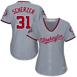 Washington Nationals #31 Max Scherzer Grey Road 2019 World Series Champions Womens Stitched MLB Jersey