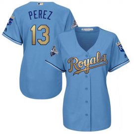 Kansas City Royals #13 Salvador Perez Light Blue Womens 2015 World Series Champions Gold Program Cool Base Stitched MLB Jersey