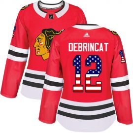 Adidas Chicago Blackhawks #12 Alex DeBrincat Red Home Authentic USA Flag Womens Stitched NHL Jersey