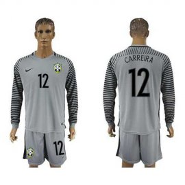Brazil #12 Carreira Grey Goalkeeper Long Sleeves Soccer Country Jersey