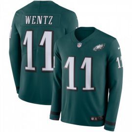 Mens Philadelphia Eagles #11 Carson Wentz Midnight Green Team Color Mens Stitched NFL Limited Therma Long Sleeve Jersey