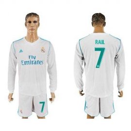 Real Madrid #7 Raul White Home Long Sleeves Soccer Club Jersey
