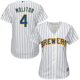 Milwaukee Brewers #4 Paul Molitor White Strip Home Womens Stitched MLB Jersey