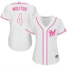 Milwaukee Brewers #4 Paul Molitor White/Pink Fashion Womens Stitched MLB Jersey