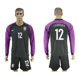 Brazil #12 Carreira Black Goalkeeper Long Sleeves Soccer Country Jersey