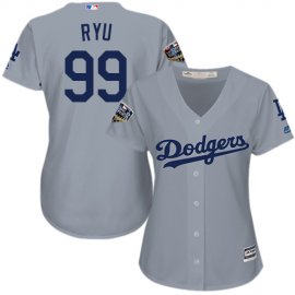 Los Angeles Dodgers #99 Hyun-Jin Ryu Grey Alternate Road 2018 World Series Womens Stitched MLB Jersey