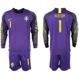 Brazil #1 Alisson Purple Goalkeeper Long Sleeves Soccer Country Jersey