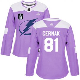Adidas Tampa Bay Lightning #81 Erik Cernak Purple Authentic 2022 Stanley Cup Final Patch Womens Fights Cancer Stitched NHL Jersey Womens