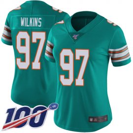 Nike Miami Dolphins #97 Christian Wilkins Aqua Green Alternate Womens Stitched NFL 100th Season Vapor Limited Jersey