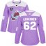 Adidas Colorado Avalanche #62 Artturi Lehkonen Purple Womens 2022 Stanley Cup Final Patch Authentic Fights Cancer Stitched NHL Jersey Womens