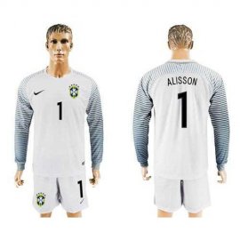 Brazil #1 Alisson White Goalkeeper Long Sleeves Soccer Country Jersey