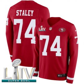 Nike San Francisco 49ers #74 Joe Staley Red Super Bowl LIV 2020 Team Color Mens Stitched NFL Limited Therma Long Sleeve Jersey