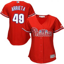 Philadelphia Phillies #49 Jake Arrieta Red Alternate Womens Stitched MLB Jersey