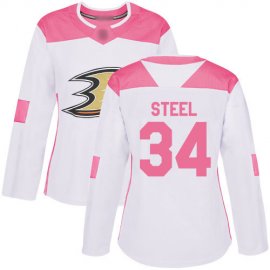 Adidas Anaheim Ducks #34 Sam Steel White/Pink Authentic Fashion Womens Stitched NHL Jersey