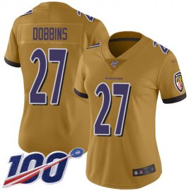 Nike Baltimore Ravens #27 J.K. Dobbins Gold Womens Stitched NFL Limited Inverted Legend 100th Season Jersey