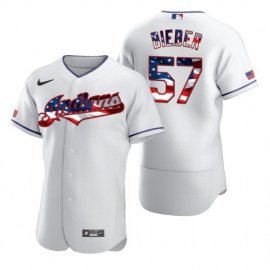 Cleveland Indians #57 Shane Bieber Mens Nike White Fluttering USA Flag Limited Edition Authentic MLB Jersey