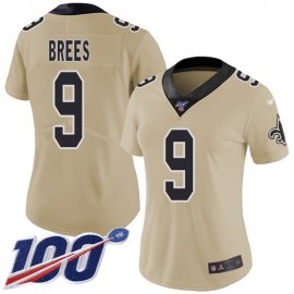 Nike New Orleans Saints #9 Drew Brees Gold Womens Stitched NFL Limited Inverted Legend 100th Season Jersey