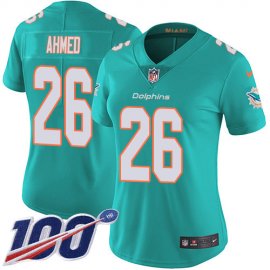 Nike Miami Dolphins #26 Salvon Ahmed Aqua Green Team Color Womens Stitched NFL 100th Season Vapor Untouchable Limited Jersey