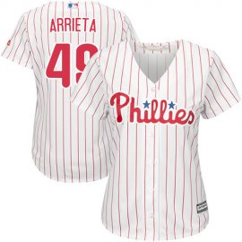 Philadelphia Phillies #49 Jake Arrieta White(Red Strip) Home Womens Stitched MLB Jersey