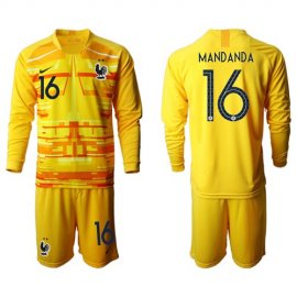 France #16 Mandanda Yellow Goalkeeper Long Sleeves Kid Soccer Country Jersey
