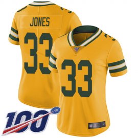 Nike Green Bay Packers #33 Aaron Jones Yellow Womens Stitched NFL Limited Rush 100th Season Jersey