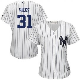 New York Yankees #31 Aaron Hicks White Strip Home Womens Stitched MLB Jersey
