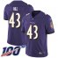 Nike Baltimore Ravens #43 Justice Hill Purple Team Color Mens Stitched NFL 100th Season Vapor Untouchable Limited Jersey