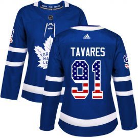 Adidas Toronto Maple Leafs #91 John Tavares Blue Home Authentic USA Flag Womens Stitched NHL Jersey