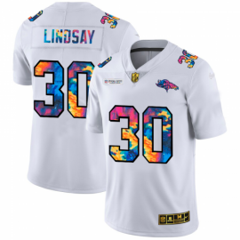 Denver Broncos #30 Phillip Lindsay Mens White Nike Multi-Color 2020 NFL Crucial Catch Limited NFL Jersey