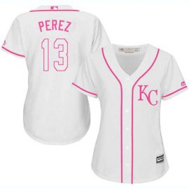 Kansas City Royals #13 Salvador Perez White/Pink Fashion Womens Stitched MLB Jersey