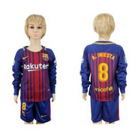Barcelona #8 A.Iniesta Home Long Sleeves Kid Soccer Club Jersey