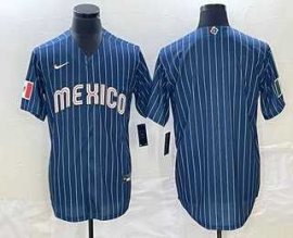 Mens Mexico Baseball Blank 2023 Navy Blue Pinstripe World Baseball Classic Stitched Jersey