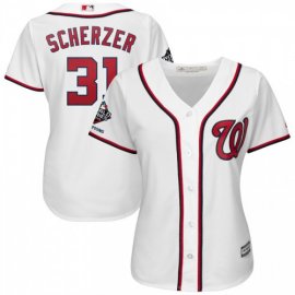 Washington Nationals #31 Max Scherzer Majestic Womens 2019 World Series Champions Home Official Cool Base Bar Patch Player Jersey White