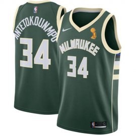 Nike Milwaukee Bucks #34 Giannis Antetokounmpo Youth 2021 NBA Finals Champions Swingman Icon Edition Jersey Green Youth