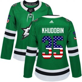 Adidas Dallas Stars #35 Anton Khudobin Green Home Authentic USA Flag Womens Stitched NHL Jersey