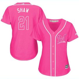 Milwaukee Brewers #21 Travis Shaw Pink Fashion Womens Stitched MLB Jersey