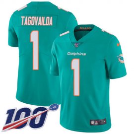 Nike Miami Dolphins #1 Tua Tagovailoa Aqua Green Team Color Mens Stitched NFL 100th Season Vapor Untouchable Limited Jersey